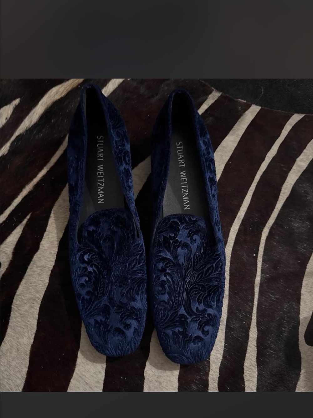 Stuart Weitzman Navy Embossed Velvet Loafers